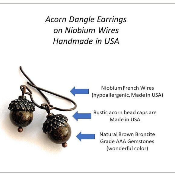 Acorn Autumn Fall Earrings Bronzite Gemstones Niobium Wires Womens Handmade USA - Picture 2 of 3